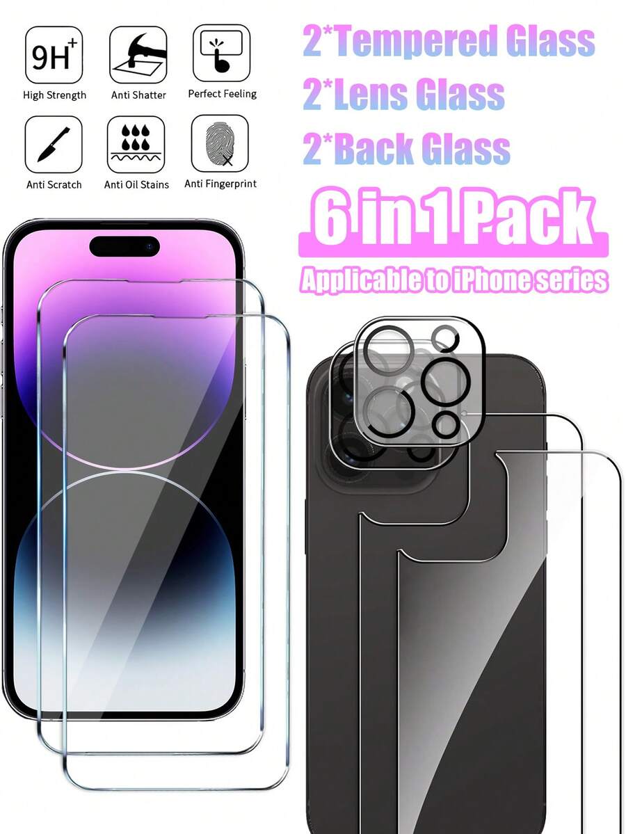 Set 6-en-1 - (2 piezas Protector de pantalla frontal, 2 piezas Protector de vidrio trasero, 2 piezas Protector de lente de cámara) Compatible con iPhone 14 Pro Max, Película de protección de dureza 9H, Fácil de instalar, Sin bordes blancos ni burbujas, No afecta la fotografía nocturna, Diseño ultrafino no pesado - transparente - Ver 1
