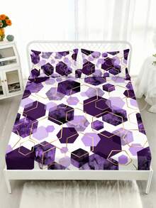1PC 2D Plane Blue Marble Hexagon Print Fitted Sheet , Geometric Bedding , Modern Minimalist Bed Cover For Home Bedroom Suitable For Twin/Full/Queen/King Size Bed, Machine Washable, Ideal For F Bedroom Decor - Purple - View 2