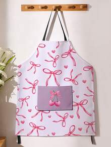 1pc Pocket Apron With Bow & Cherry Pattern, Waterproof & Oil-Resistant, Suitable For Kitchen, Household, Cooking, Catering Use - Multicolor - View 5