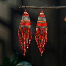 AHAYA Handmade Geometric Long Tube Bead Earrings, Fashion Tassel Drop Earrings With Glass Beads, Versatile Beaded Earrings Suitable For Daily Wear And Vacation - Red - View 1