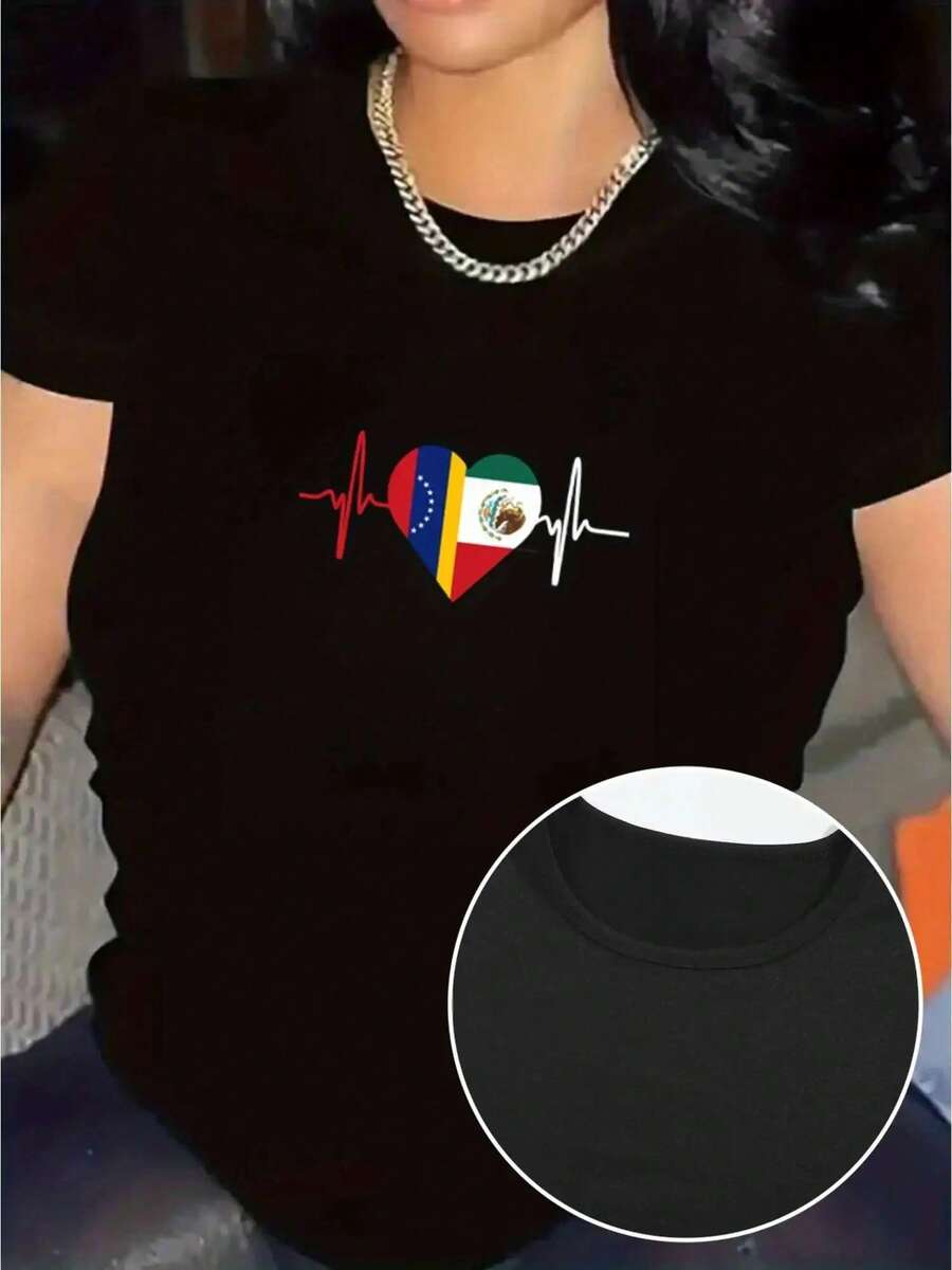 Women's Pride Graphic T-Shirt - High Elasticity Blend, Relaxed Fit, Crew Neck, Short Sleeve, Casual Geometric Pattern Top For Spring, Summer And Autumn - 黑色 - 查看 1