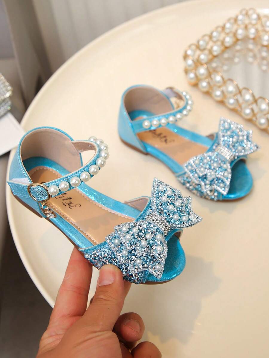 Shiny Rhinestone Pearl Bow Girls' Princess Sandals, Soft Bottom Round Toe PU Flat Sandals, Suitable For Spring, Summer, Autumn Holidays And Daily Wear - Blue - View 1