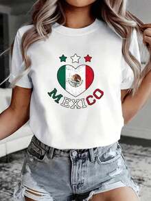 Custom Mexican Heart Flag T-Shirt 100% Cotton - Vintage Patriotic Design With Eagle And Stars For Mexican Independence Day (September 16th) And National Pride Enthusiasts - Perfect For Celebrations And Expressing Cultural Identity - Vintage Street Style Unisex Loose Cotton Short Crew Neck T-Shirt - 白色 - 查看 6