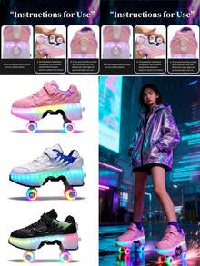 YAOSF Upgraded High-End Roller Skates - Wheels Light Up When Skating, One-Button Four Wheels Retractable, Fashion Luminous Roller Skates For Kids & Teens - Black - View 4