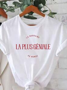 Blouses>Beautiful Women's Short Sleeve Crew Neck T-Shirt With Printed Text "The Most Amazing Godmother In The World", French Romantic Style, Warmth L 100% Cotton Casual Blouses For Women - 白色的 - 查看 8