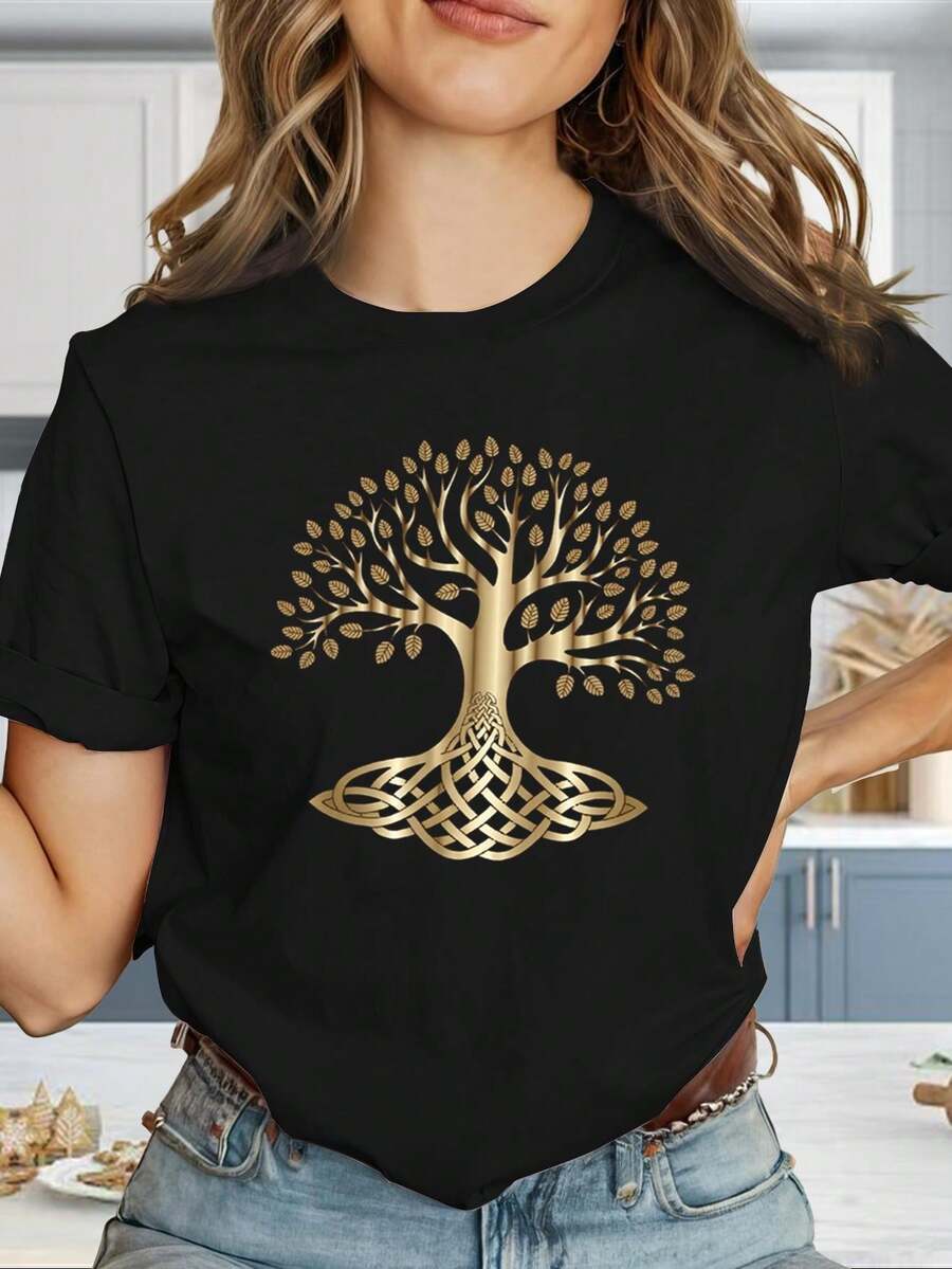 Women's High-Quality, Comfortable And Stylish T-Shirt, Y2K Style, With Geometric Logo Print "Golden Celtic Tree Root System" - Slim Fit Short Sleeve T-Shirt, Black And Gold, Casual Summer Wear, Machine Washable Stretch Fabric (Wrinkle-Resistant), Suitable For Casual And Layering Wear, New 2026 Collection - 100% Breathable Cotton - 黑色 - 查看 1