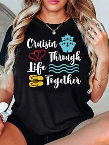 Women's T-Shirt With 'Cruising Through Life Together' Print, Top For Travel, Holidays And Couple Outings, Romantic And Warm Short Sleeve Style, Everyday Urban Style T-Shirt 2026 - 黑色 - 查看 1
