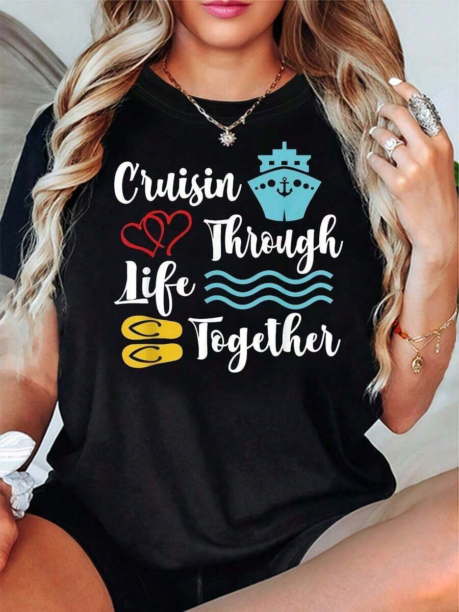 Women's T-Shirt With 'Cruising Through Life Together' Print, Top For Travel, Holidays And Couple Outings, Romantic And Warm Short Sleeve Style, Everyday Urban Style T-Shirt 2026 - 黑色 - 查看 1