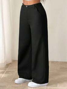 Pantalones anchos casuales y sueltos con bolsillos para mujer - Negro 4 - Ver 5