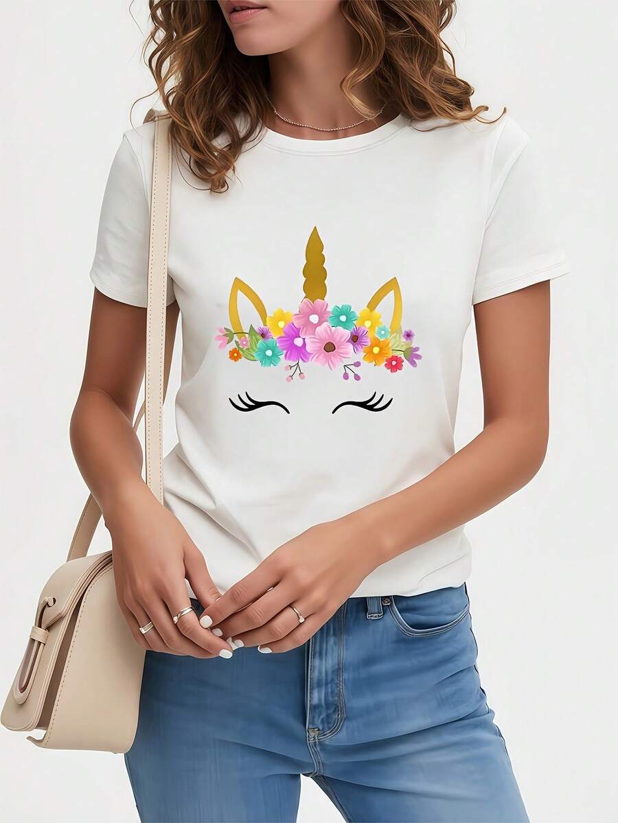 Unicorn And Flower Print T-Shirt, Short Sleeve, Round Neck, Women's Clothing, Sweet And Feminine Style, Versatile Casual Garment, Suitable For Daily Work, Parties And Dates, Birthday Gift, Pure Cotton Printed T-Shirt For Women. - 白色 - 查看 1