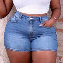 Plus Size Blue Denim Shorts, Casual Skinny Stretch Shorts Summer For Women Vacation Women Cowgirl For Women Western Wear Women Business Casual Woman Festival Airport For Women Graduation 4th Of July Comfy Shorts - Lavado ligero - Ver 4