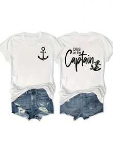 Plus Size T-Shirt With Anchor And Letter Print, Casual Short Sleeve Top For Spring And Summer, Plus Size Clothing For Women. - White - View 5