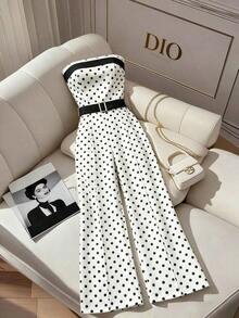 Mono sin tirantes de pierna ancha con hebilla metálica y ribete de contraste para mujer, mono formal elegante de lujo y alta calidad para mujer - Blanco - Ver 9