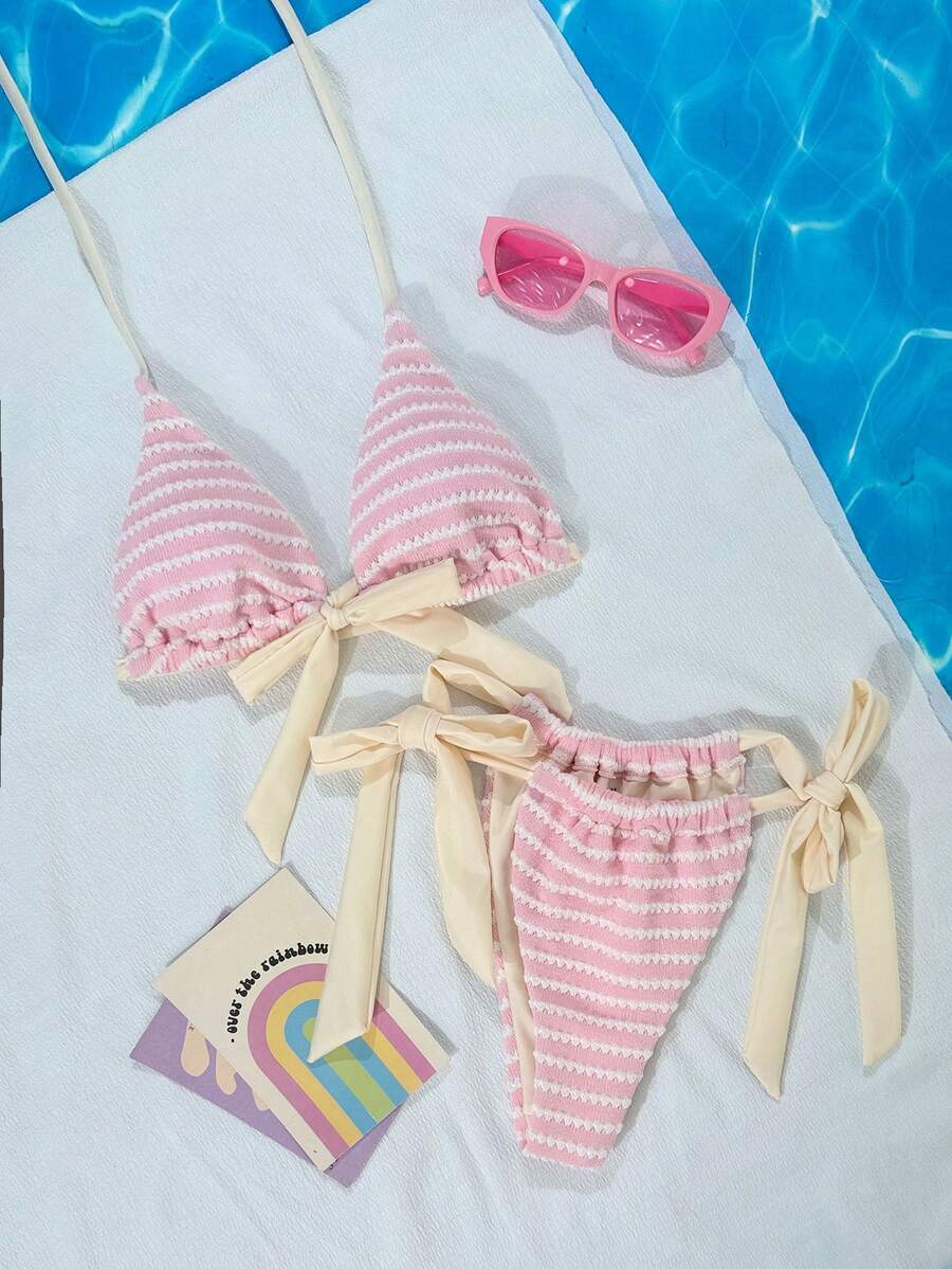 女士夏季沙滩撞色露背系带比基尼上衣和三角泳裤泳装套装 - 彩色 - 查看 1