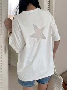 Camiseta de verano casual con inserción de malla con diseño de estrella para mujer, camiseta oversize Y2K - Blanco - Ver 6