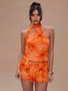 Vestido mini de mujer con estampado de lunares, estilo vacacional, de escote de halter - Multicolor 3 - Ver 4