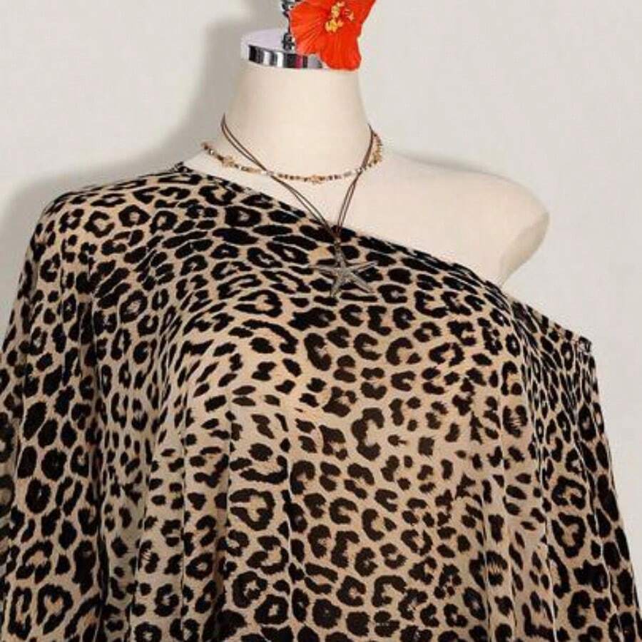ICON Plus Size Retro Sexy Casual Beach Vacation Millennial Style Y2K Fashion Individual Modern Urban Avant-Garde Bold Music Festival Bohemian Style Leopard Print Asymmetrical Hem Loose Top, Going Out Tops - Marrón - Ver 1