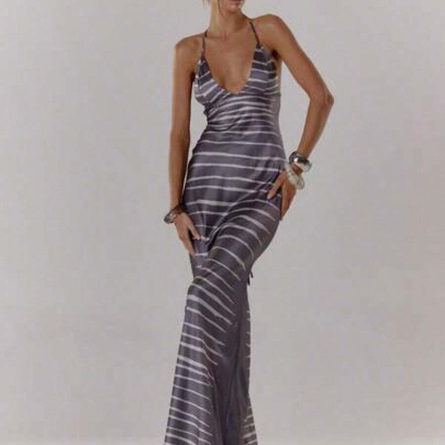 Lace Up Front Cup Detail Fitted Animal Print Maxi Dress Sexy Going Out Autumn Fall Night Out Cute Streetwear Party Elegant Spring Summer Vacation - Gris Oscuro - Ver 1