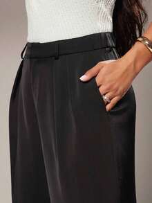 Pantalones anchos de pierna ancha de color café oscuro de moda minimalista para mujeres, pantalones de tela marrón de pierna ancha para el trabajo, pantalones de tiro alto de pierna ancha marrón para mujeres, pantalones de traje marrón para otoño/ - Negro 2 - Ver 7