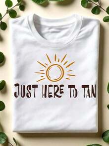 1 pieza Camiseta "Just Here To Tan", Camiseta "Beach Vibes", Camiseta "Sunny Summer Vacay", Camisetas de manga corta para bronceado, Regalo para vacaciones de verano, Camisetas para amantes del bronceado. CL-658180g 100% Algodón - Blanco - Ver 1