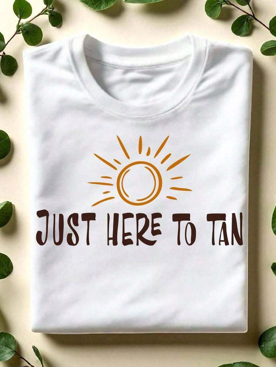 1 pieza Camiseta "Just Here To Tan", Camiseta "Beach Vibes", Camiseta "Sunny Summer Vacay", Camisetas de manga corta para bronceado, Regalo para vacaciones de verano, Camisetas para amantes del bronceado. CL-658180g 100% Algodón - Blanco - Ver 1