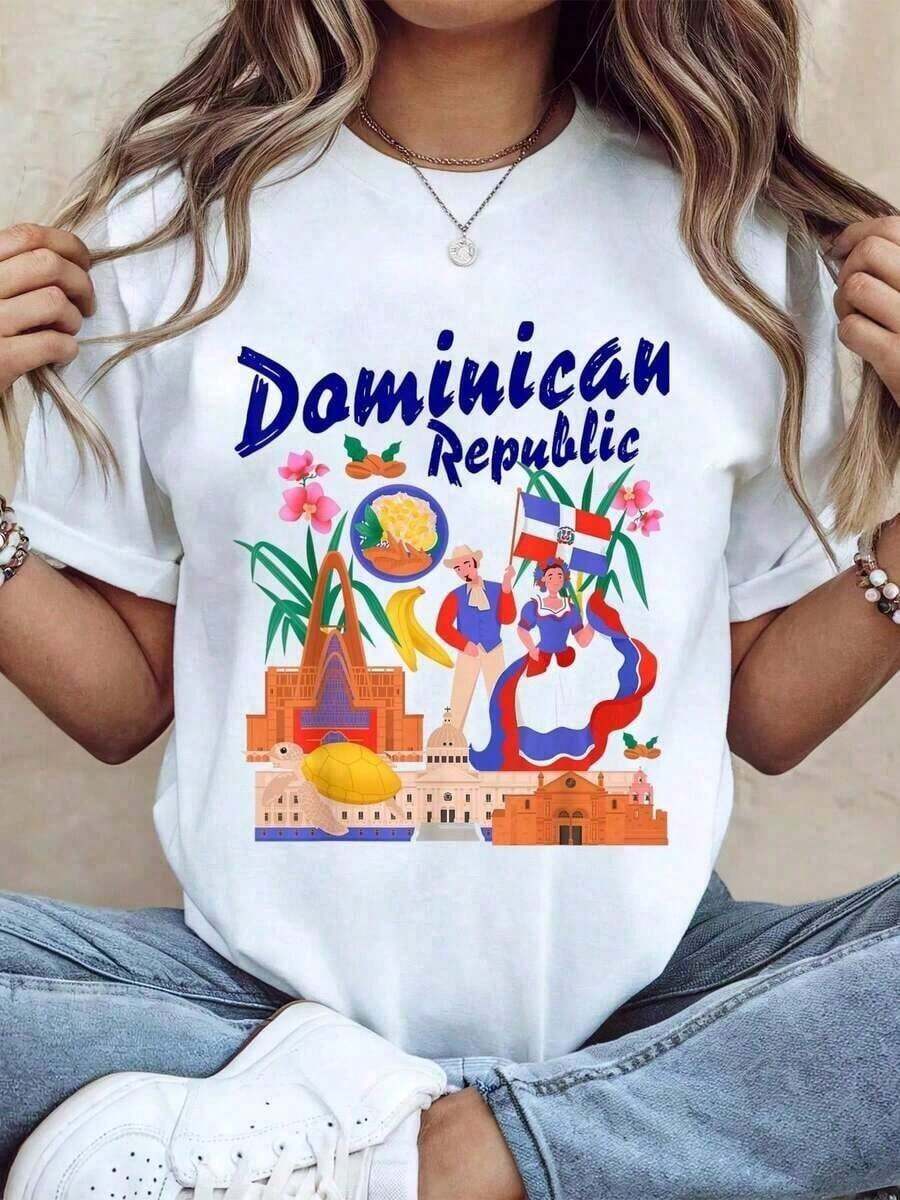 1 pieza 100% algodón, ideas de disfraces de la República Dominicana para niños, camisetas estampadas dominicanas para mujeres, 210g 100% algodón, los diseños están completamente estampados. Unisex. 180g 100% Algodón - Blanco - Ver 1