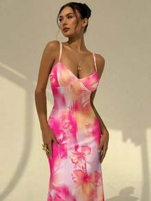 Vacation Spaghetti Strap Tie-Up Bodycon Printed Dress For Women, Spring/Summer,Pink Dress - Pink 3 - View 6