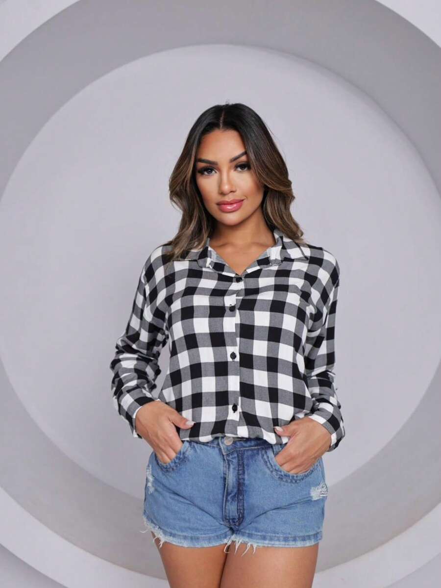 Women's Checkered Shirt In Crepe Fabric – Comfort And Style (Sizes M To XXL) - Đen và trắng - Xem 1