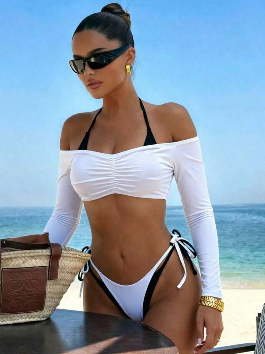 Conjunto de 3 piezas de traje de baño negro y blanco para mujer, conjunto de traje de baño casual y sexy de 3 piezas para resort de playa, conjunto de traje de baño de 3 piezas para mujer, Bottom de traje de baño para mujer, conjunto de playa negro y blanco para mujer - Blanco y Negro - Ver 1