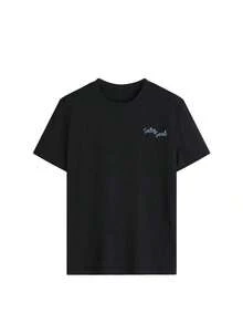 [Entrega Local]Playera Para Mujer Camiseta de playa para mujer "Salty Soul" con diseño de palmera, sol y olas estampados en la espalda, 100% algodón, transpirable y cómoda, estilo vacaciones en la playa, adecuada para días de playa, vacaciones de verano y moda casual de playa. - Negro - Ver 5