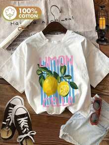 Camisetas manga corta mujer Camiseta Casual para Mujer de 100% Algodón, Playera Blanca de Manga Corta con Cuello Redondo, Estampado de Limón "Limoncello", Holgada, Suave y Transpirable, Gráfico de Fruta Lindo para Uso Diario de Verano - Blanco - Ver 1