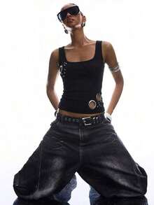 2026 Nueva Llegada, Top Minimalista Sin Mangas y Sin Espalda, Adecuado para Primavera/Verano, Estilo Hip-Hop, 100% Algodón, Top Personalizado Ajustado para Mujer, Chaleco de Algodón, Top con Botones Estilo Old Money, Tops Sexys para Damas, Top de Verano - Negro 2 - Ver 5