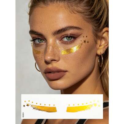 1pc Minimalist Gold Star Makeup Brush Face Sticker, Waterproof Facial Decor, Gold Brush Stripes & Star Elements, Suitable For Creative Makeup, World Cup Fan Cheering, Costume Party, Music Festival, Daily Facial Decoration Sticker