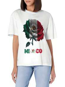 Camiseta Básica de Cuello Redondo para Hombre con Diseño de Bandera Mexicana Michoacana y Rosa - Algodón Suave, Corte Ajustado, Versátil para Uso Diario en Verano - Blanco - Ver 1
