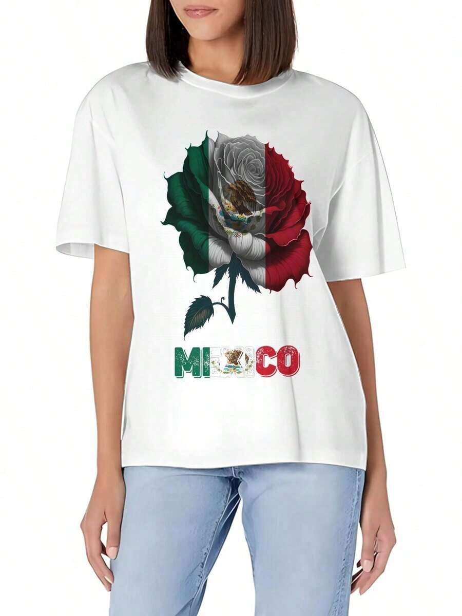 Camiseta Básica de Cuello Redondo para Hombre con Diseño de Bandera Mexicana Michoacana y Rosa - Algodón Suave, Corte Ajustado, Versátil para Uso Diario en Verano - Blanco - Ver 1