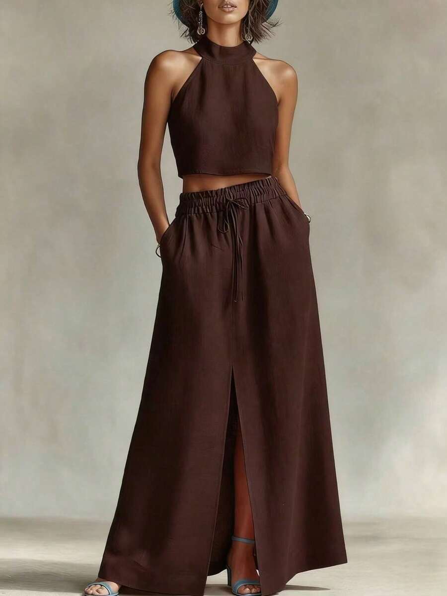 Ropa de moda para mujeres, blusa corta de cuello colgante de lino, cintura alta, falda larga, dos juegos - Café integral - Ver 1