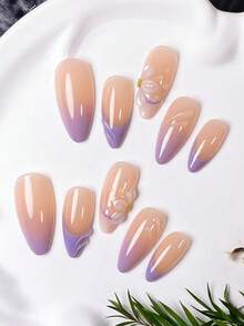 10 Móng giả thủ công hình hạnh nhân, họa tiết hoa ba cánh màu tím chuyển sắc. Móng nền màu nude, được vẽ tay theo kiểu Pháp với hiệu ứng chuyển sắc tím và màu tím. - Nhiều màu - Xem 3
