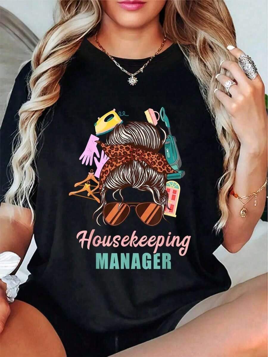 Camiseta de manga corta 100% algodón para personal de limpieza, gerentes de mantenimiento, personal de limpieza de hoteles y empleados domésticos. Camiseta gráfica informal para hombre y mujer, estilo vintage urbano, unisex, holgada, de algodón puro. - Negro - Ver 1