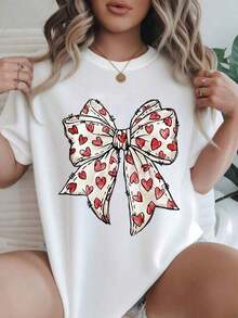 Camiseta Casual de Mujer con Estampado de Corazones Rojos sobre Lazo Blanco, Adecuada para Todas las Temporadas  
 -Blanco - Blanco - Ver 1