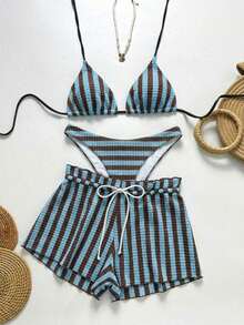 Swim Chiccia Conjunto de shorts y vestido de playa a rayas para vacaciones de mujer - Multicolor - Ver 5