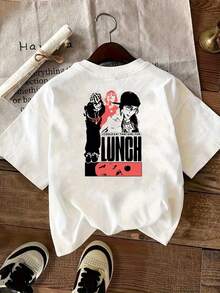 Camiseta gráfica de hip-hop para mujer - Estampado frontal y trasero con texto llamativo "LUNCH" - Camiseta blanca para conciertos, ropa casual de calle - Tela no transparente - Top casual para primavera/otoño/verano - Ropa de moda urbana, ropa de hip-hop, atuendo para conciertos, camiseta de cuello redondo, ajuste cómodo, atuendo de primavera/verano, estampado duradero, camiseta de manga corta, camiseta Y2k para mujer. - Negro - Ver 2