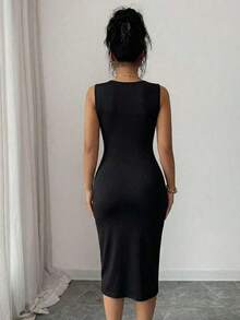 Vestido midi elegante sin mangas con estampado de encaje 3D, cuello superpuesto, cinturón en la cintura, uso diario casual, vestido de encaje elegante en color albaricoque - Negro - Ver 2