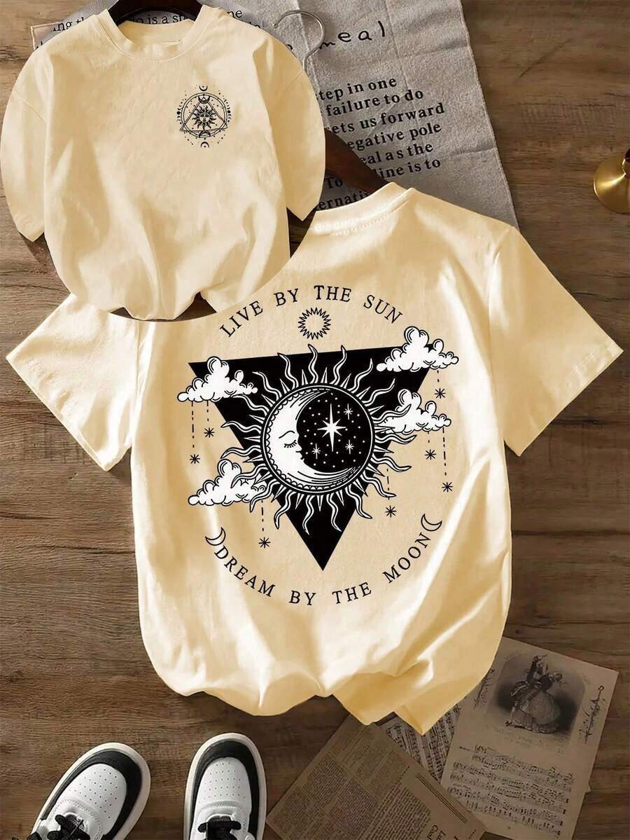 100% Cotton Breathable Summer TopRopa casual para mujer, cuidadosamente seleccionada y exquisita, de calidad de marca, corte ajustado, moda europea y americana, camiseta cómoda y transpirable, ropa de mujer, tops casuales versátiles y sencillos para moda urbana y de hogar, estampado de doble cara, estampado de sol y luna, cuello redondo, 100% algodón, tela suave, mangas cortas, blusas transpirables y frescas para mujer. Camiseta Casual para Mujer - Albaricoque - Ver 1