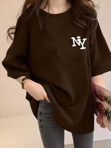 New Women's T-Shirt 2026, Stylish And Comfortable Design, LOVE Letter Print, Round Neck, Short Sleeve, Loose Fit, Artist Collaboration, For Casual Outdoor Wear - 鏽棕色 - 查看 1