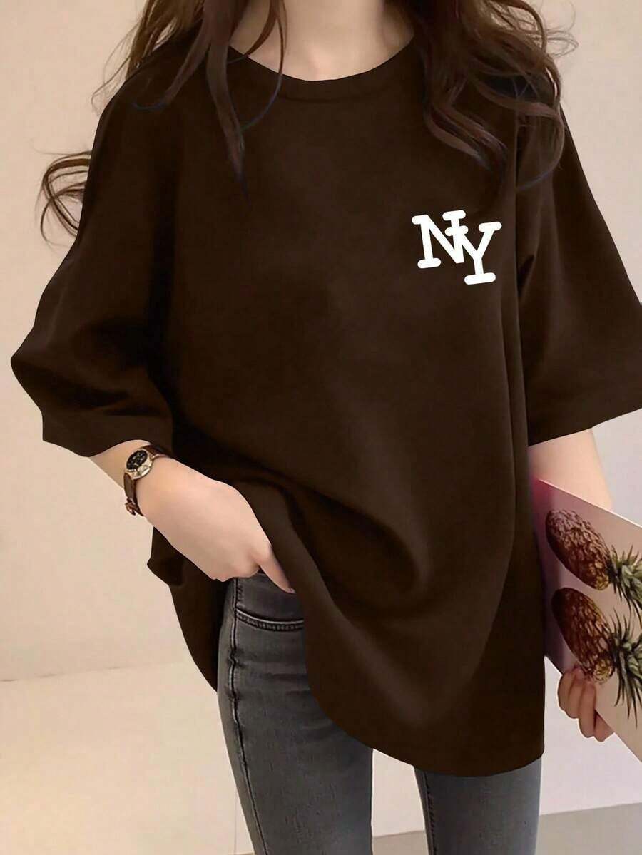 New Women's T-Shirt 2026, Stylish And Comfortable Design, LOVE Letter Print, Round Neck, Short Sleeve, Loose Fit, Artist Collaboration, For Casual Outdoor Wear - 鏽棕色 - 查看 1