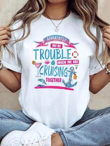 Women's Limited Edition Short Sleeve Crew Neck Casual T-Shirt, Lightweight And Breathable Cotton, With Fun "We Are Trouble" Print, For Spring/Summer, Everyday Wear, Outings, Holiday Gift. - 白色 - 查看 7