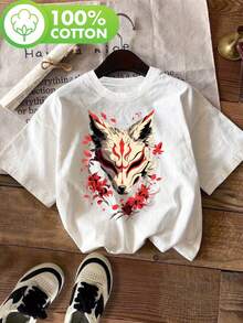 T-Shirt With Japanese Red Lily Flower Print, Short Sleeve, Round Neck, Casual Style For Summer And Spring, Women's Clothing, Comfortable Cotton T-Shirt - 白色 - 查看 6