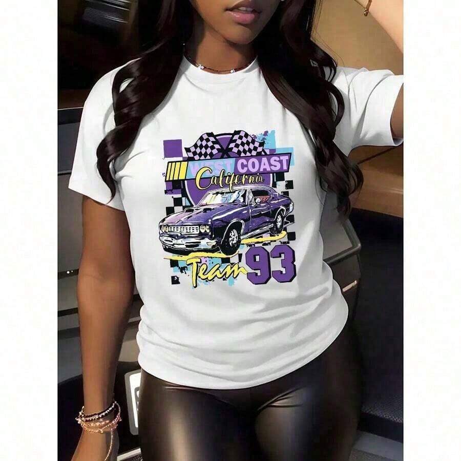 Women's Purple Car Print T-Shirt - Long Sleeve, Round Neck, Elastic, With Christmas Slogan Print For Festive Wear. Casual Short Sleeve T-Shirt With Round Neck And Drop Shoulders For Women, For Summer Wear. - 白色 - 查看 1