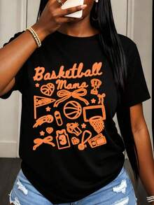 Camiseta "Basketball Mama" para Mujer, Camiseta para Mamá Baloncestista con Íconos Deportivos y Diseño Naranja, Perfecta para el Día del Partido y Celebraciones Maternales, Ropa de Verano - Negro - Ver 7