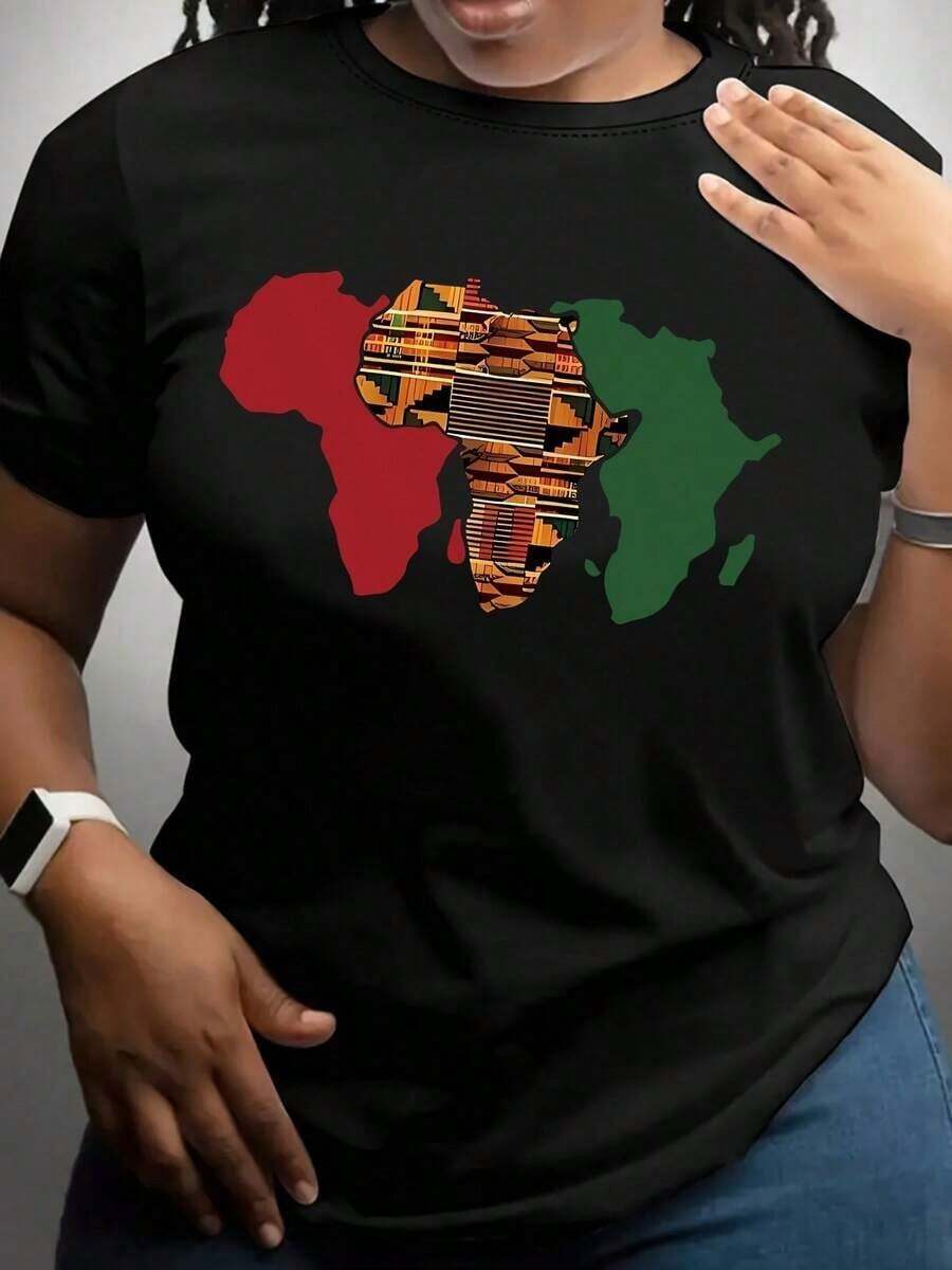 1 camiseta de mujer con estampado del mapa de África, Juneteenth, cuello redondo, camiseta casual de algodón, tejido de punto de elasticidad media, corte regular para damas, para primavera/verano/otoño, Día del Trabajo, Día de Acción de Gracias, Juneteenth, 100% algodón.